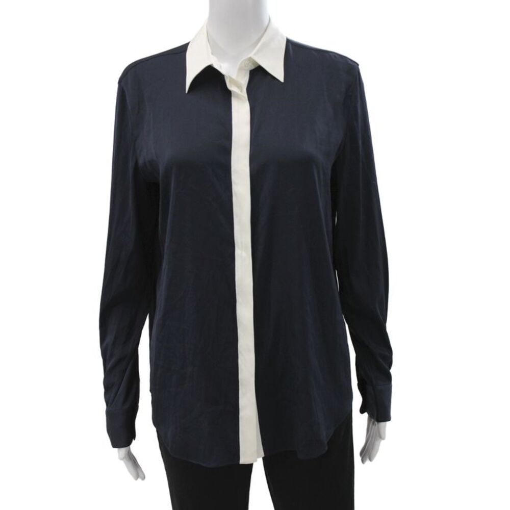 Lily Silk Women Collared Long Sleeve Silk Blend Button-Up Top Dark Blue Size M